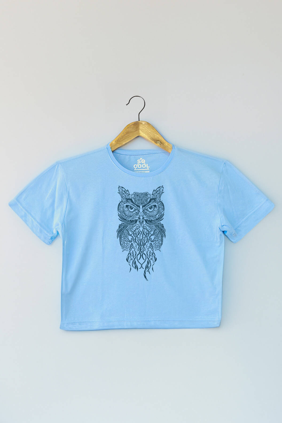 Light Blue Crop T-shirt Owl Baykuş Design Baskılı Mavi Renk Kadın Tişört Baby Tee - 1