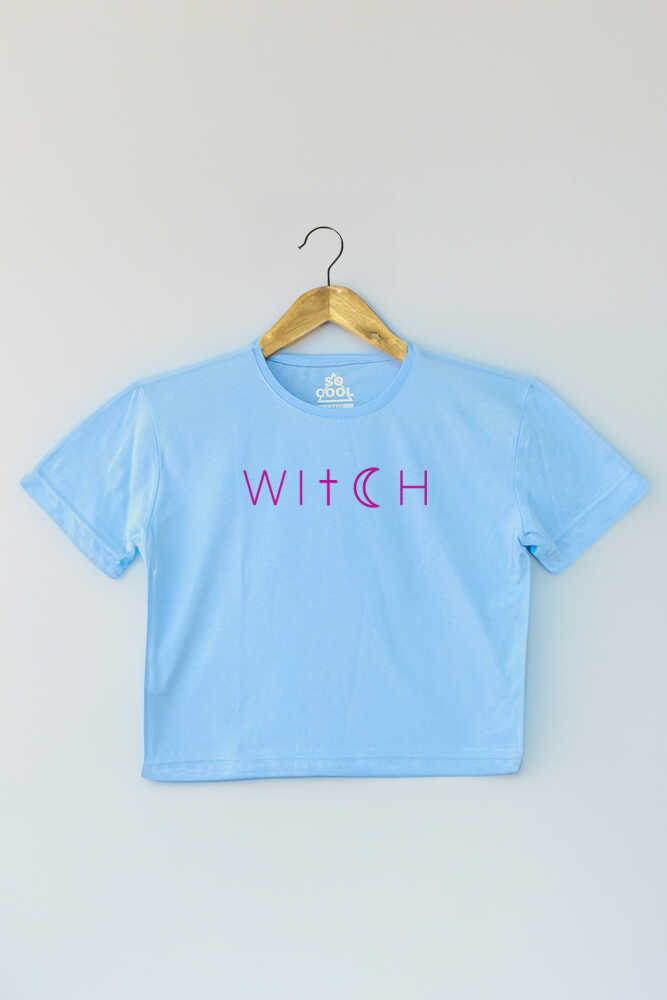 Light Blue Crop T-shirt Witch Cadı Mavi Renk Kadın Tişört Baby Tee - 1
