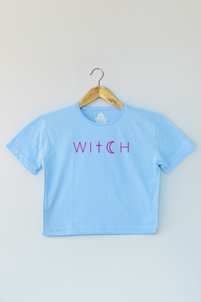 Light Blue Crop T-shirt Witch Cadı Mavi Renk Kadın Tişört Baby Tee - 1
