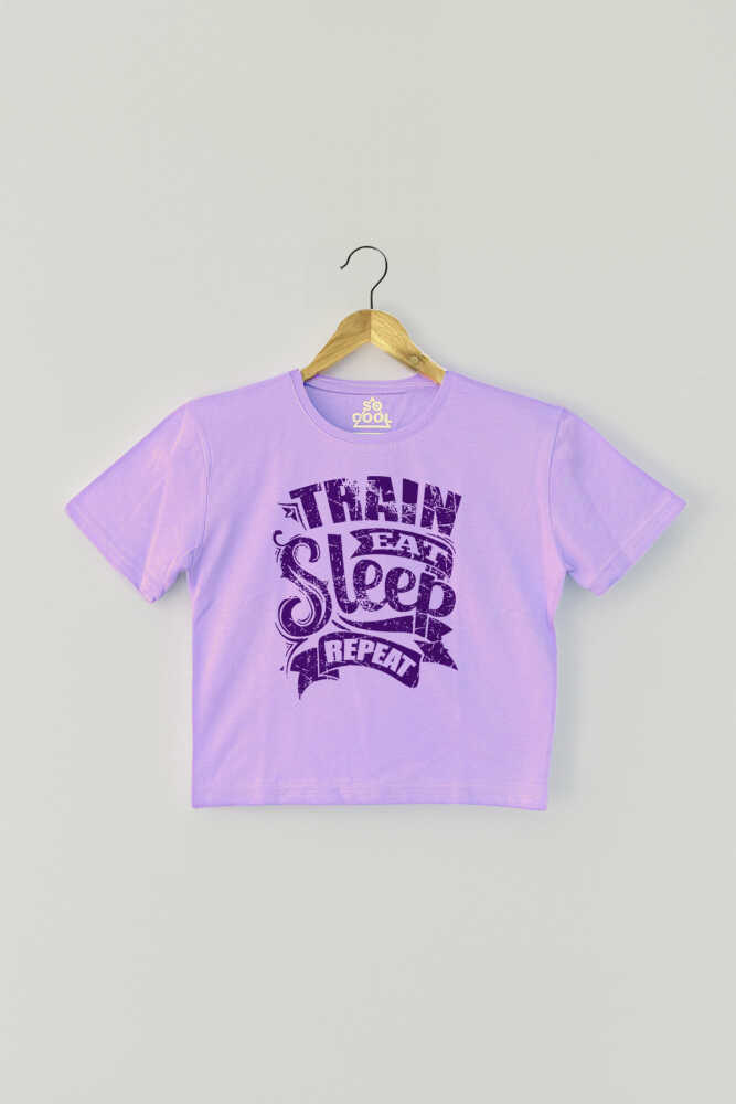 Lila Crop T-shirt Eat Sleep Train Repeat Mor Renk Kadın Tişört Baby Tee - 1