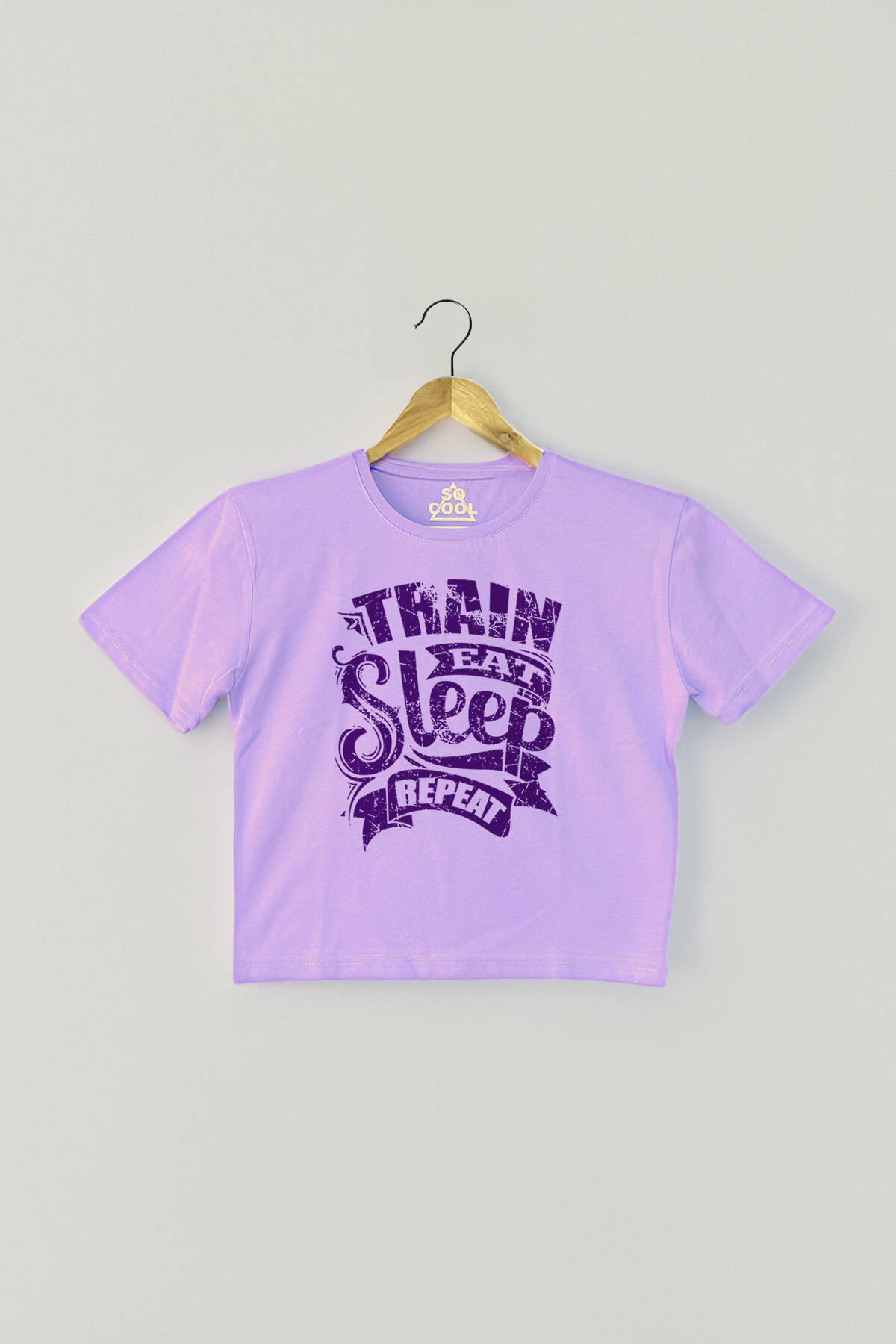 Lila Crop T-shirt Eat Sleep Train Repeat Mor Renk Kadın Tişört Baby Tee