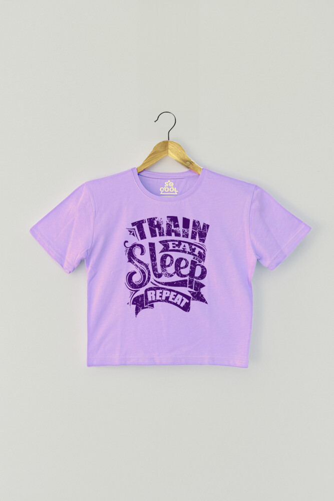 Lila Crop T-shirt Eat Sleep Train Repeat Mor Renk Kadın Tişört Baby Tee - 1