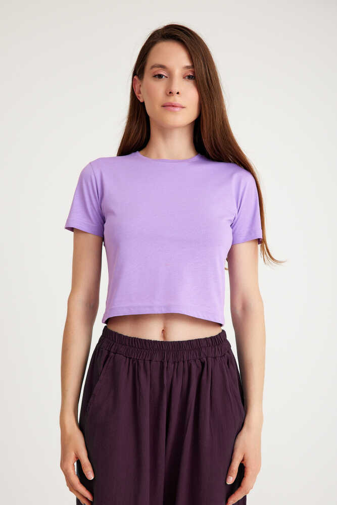 Lila Crop T-shirt Kadın Bisiklet Yaka Tişört Baby Tee - 2