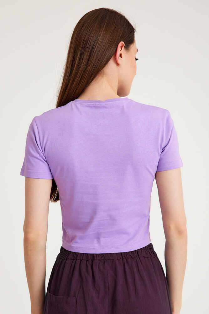 Lila Crop T-shirt Kadın Bisiklet Yaka Tişört Baby Tee - 3