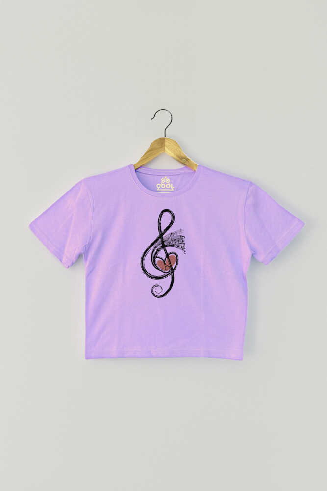 Lila Crop T-shirt Müzik Nota Sol Anahtarı Music Mor Renk Kadın Tişört Baby Tee - 1