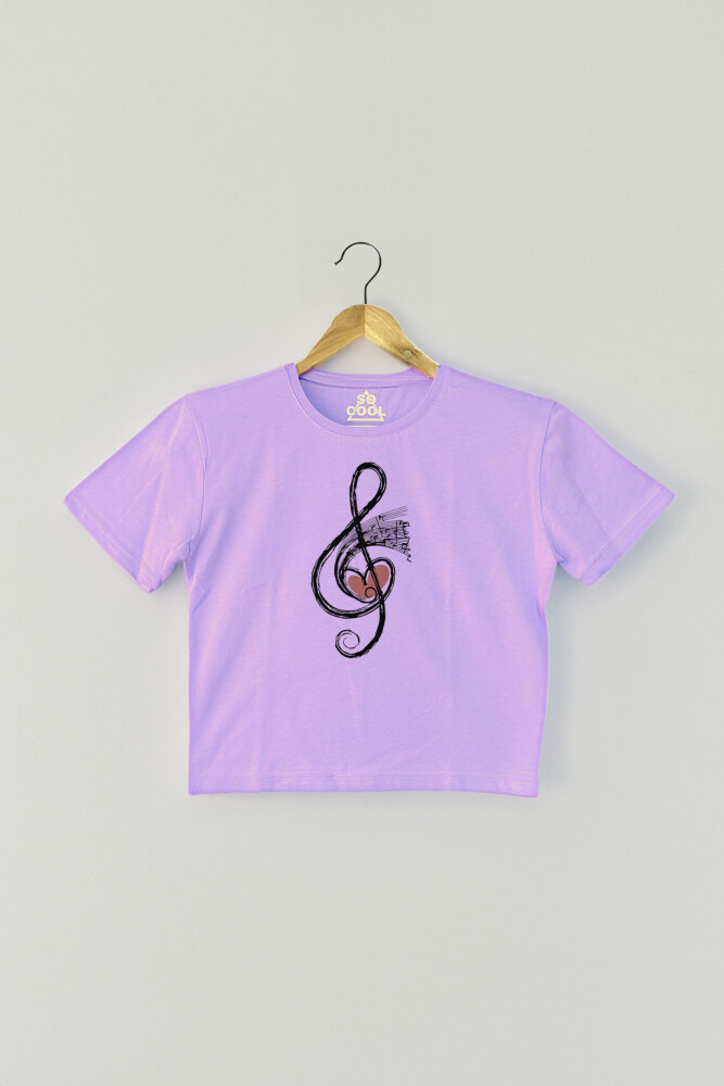 Lila Crop T-shirt Müzik Nota Sol Anahtarı Music Mor Renk Kadın Tişört Baby Tee - 1