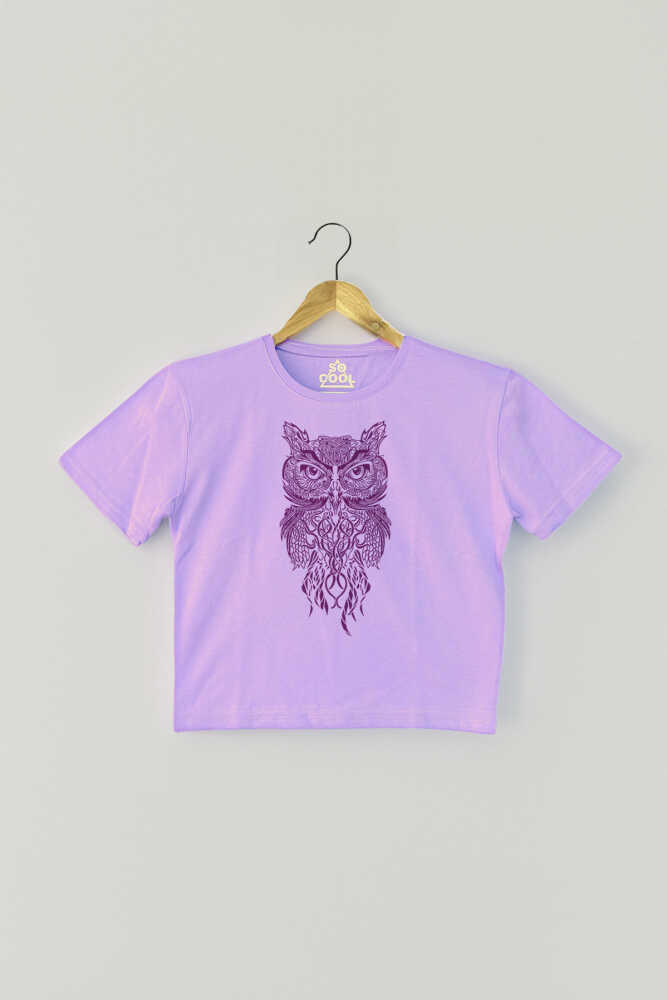 Lila Crop T-shirt Owl Baykuş Design Baskılı Mor Renk Kadın Tişört Baby Tee - 1