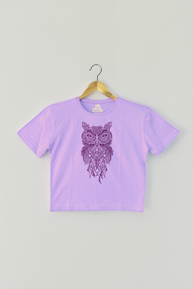 Lila Crop T-shirt Owl Baykuş Design Baskılı Mor Renk Kadın Tişört Baby Tee - 1