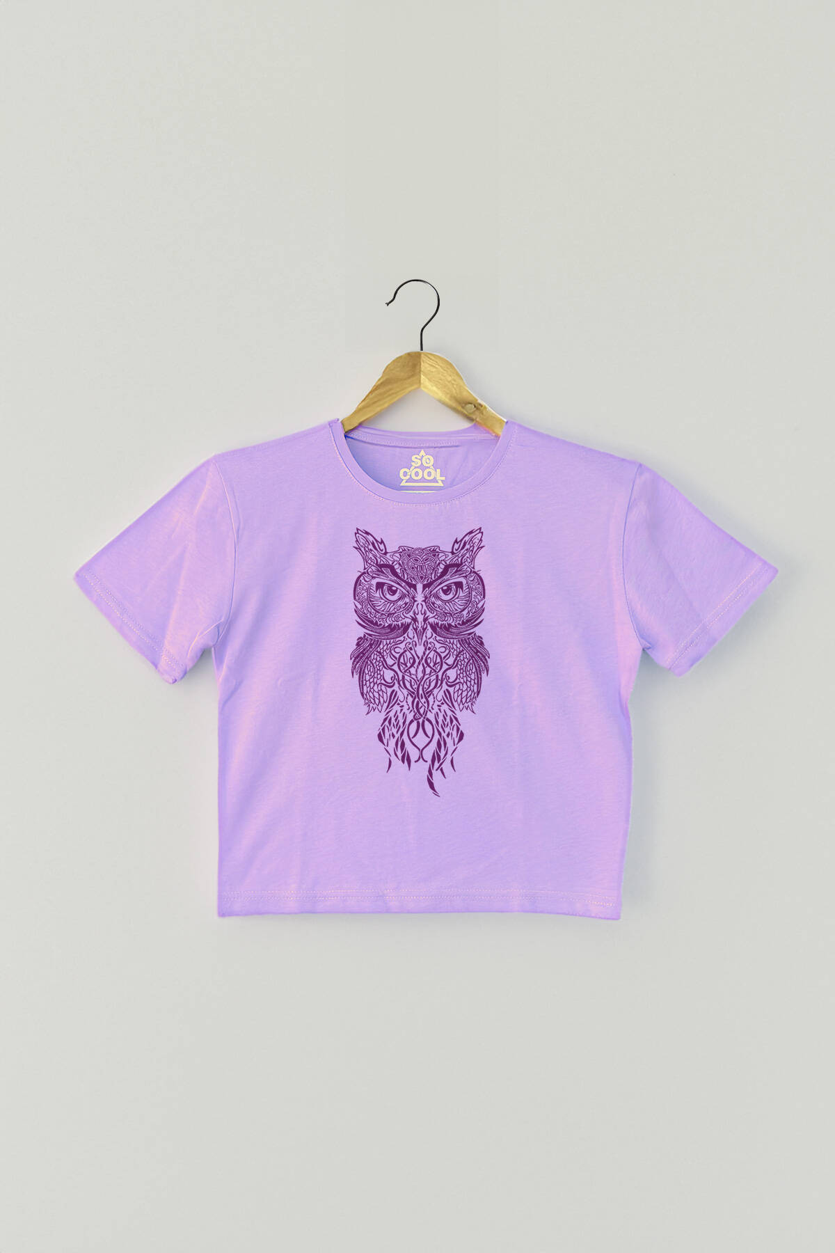 Lila Crop T-shirt Owl Baykuş Design Baskılı Mor Renk Kadın Tişört Baby Tee - 1