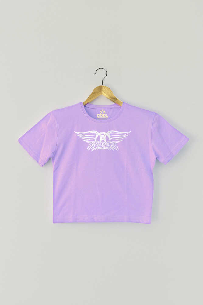 Lila Renk Crop T-shirt Aerosmith Black On Black Wings Baskılı Kadın Tişört Baby Tee