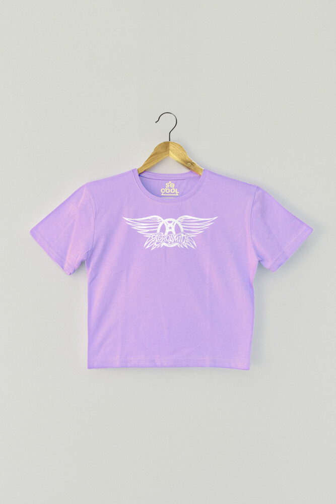 Lila Renk Crop T-shirt Aerosmith Black On Black Wings Baskılı Kadın Tişört Baby Tee - 1