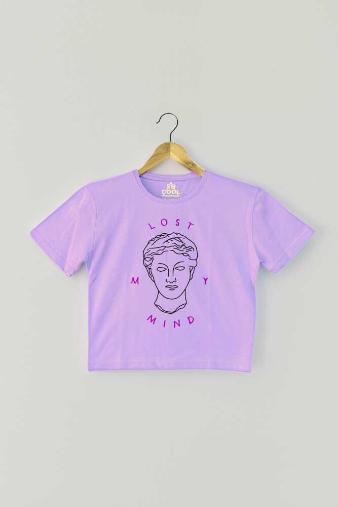 Lila Renk Crop T-shirt Lost My Mind Baskılı Kadın Tişört Baby Tee - 1