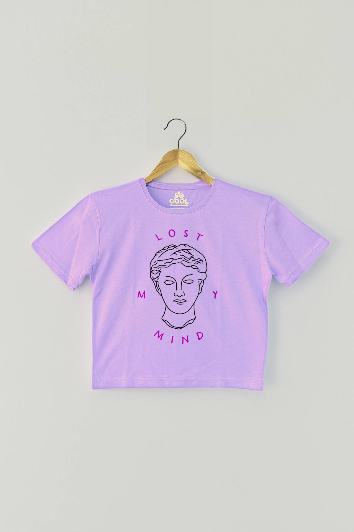 Lila Renk Crop T-shirt Lost My Mind Baskılı Kadın Tişört Baby Tee