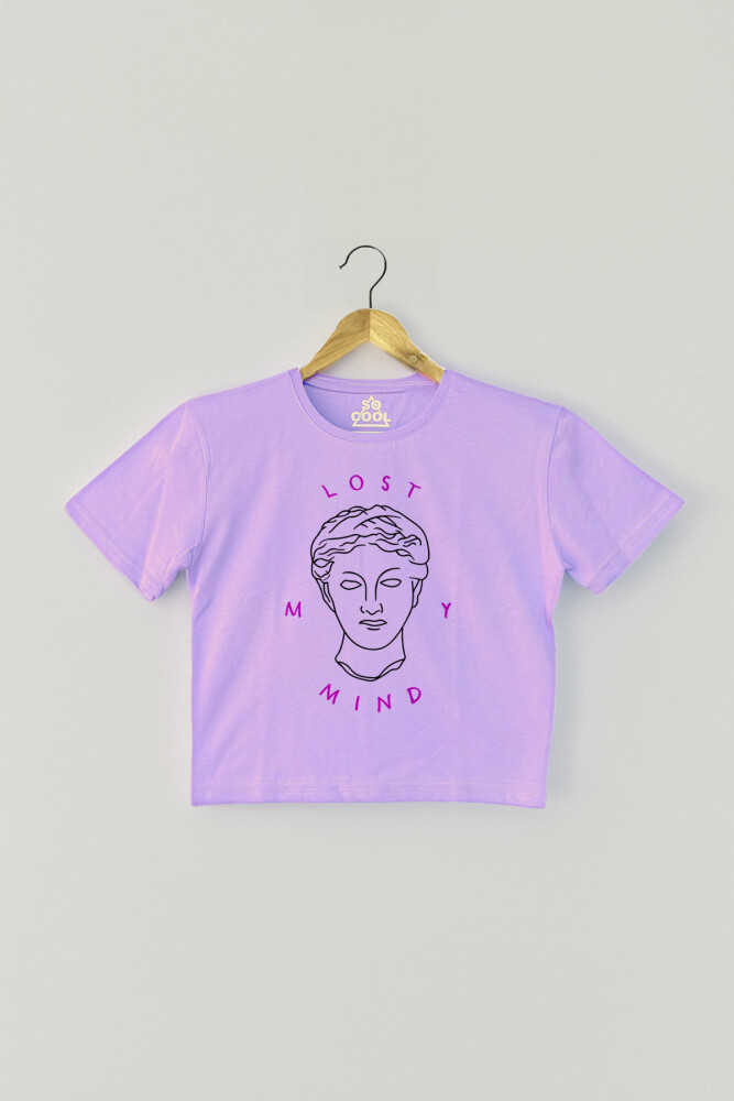 Lila Renk Crop T-shirt Lost My Mind Baskılı Kadın Tişört Baby Tee - 1