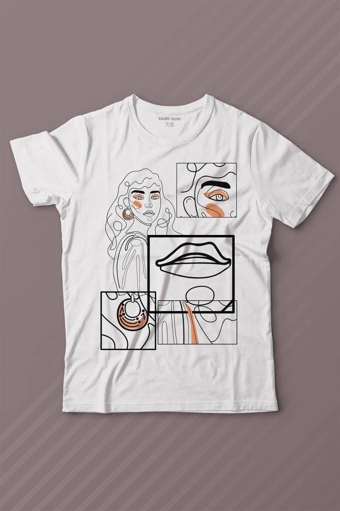 Line Art Kadın Çizim Minimal Baskılı Tişört Çocuk T-shirt - 1