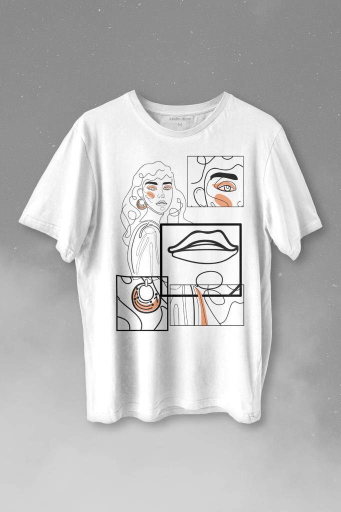 Line Art Kadın Çizim Minimal Baskılı Tişört Unisex T-shirt - 1