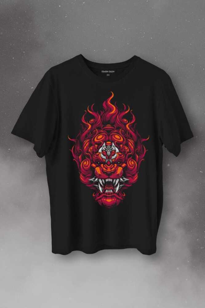 Lion Fire Head Aslan Japan Maske Baskılı Tişört Unisex T-Shirt - 1