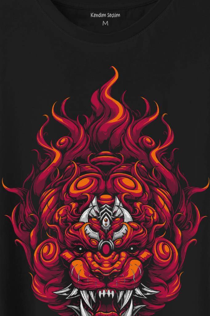 Lion Fire Head Aslan Japan Maske Baskılı Tişört Unisex T-Shirt (1)