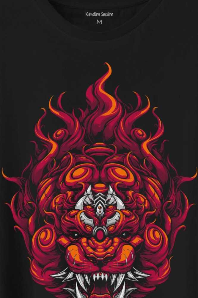 Lion Fire Head Aslan Japan Maske Baskılı Tişört Unisex T-Shirt (1)