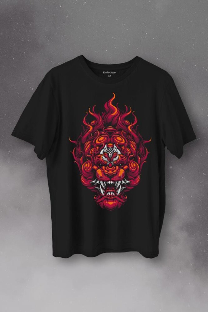 Lion Fire Head Aslan Japan Maske Baskılı Tişört Unisex T-Shirt - 1