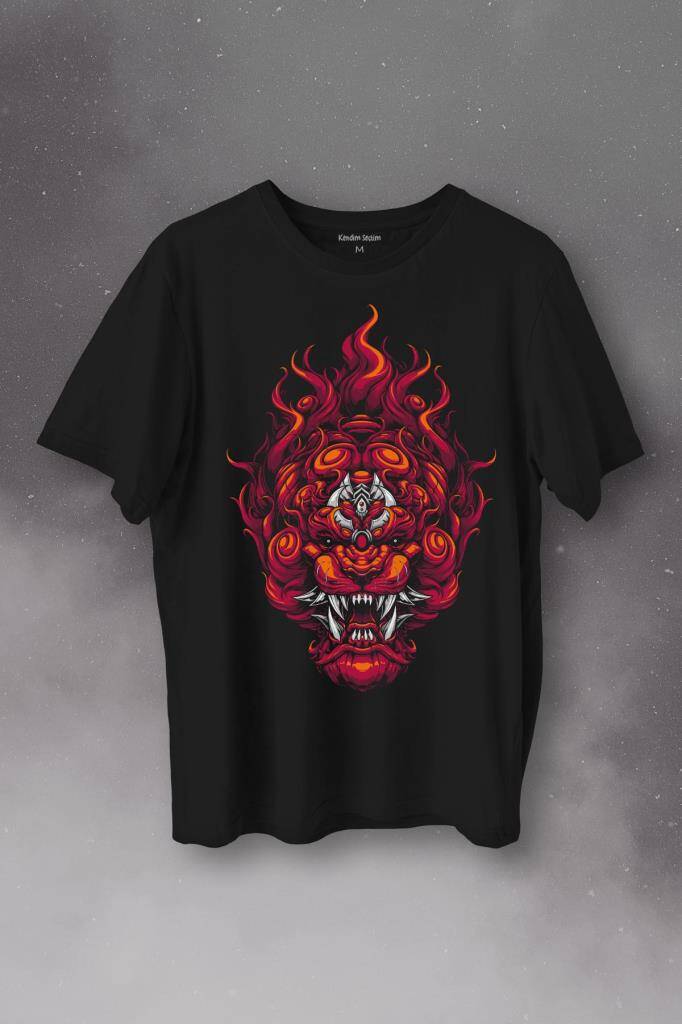 Lion Fire Head Aslan Japan Maske Baskılı Tişört Unisex T-Shirt - 1