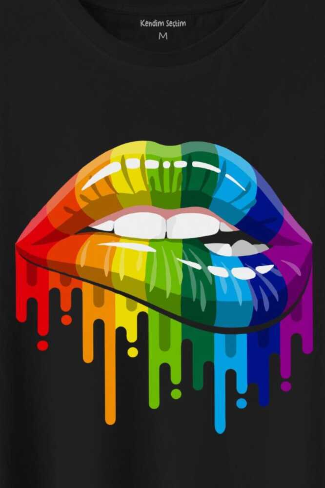 Lips Rainbow Dudak Gökkuşağı Baskılı Tişört Unisex T-Shirt - 2