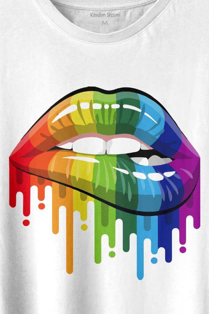 Lips Rainbow Dudak Gökkuşağı Baskılı Tişört Unisex T-shirt (1)