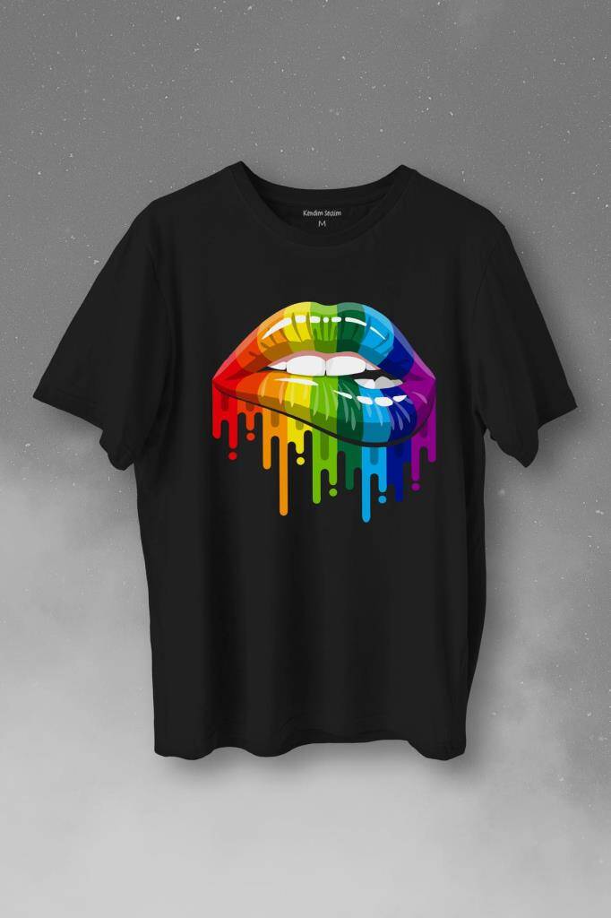 Lips Rainbow Dudak Gökkuşağı Baskılı Tişört Unisex T-Shirt - 1