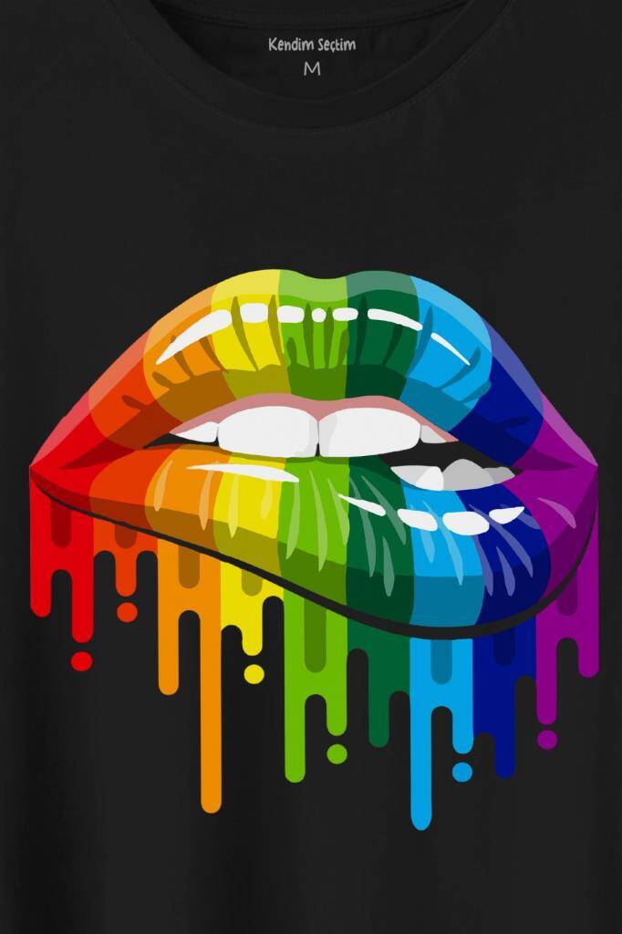 Lips Rainbow Dudak Gökkuşağı Baskılı Tişört Unisex T-Shirt (1)