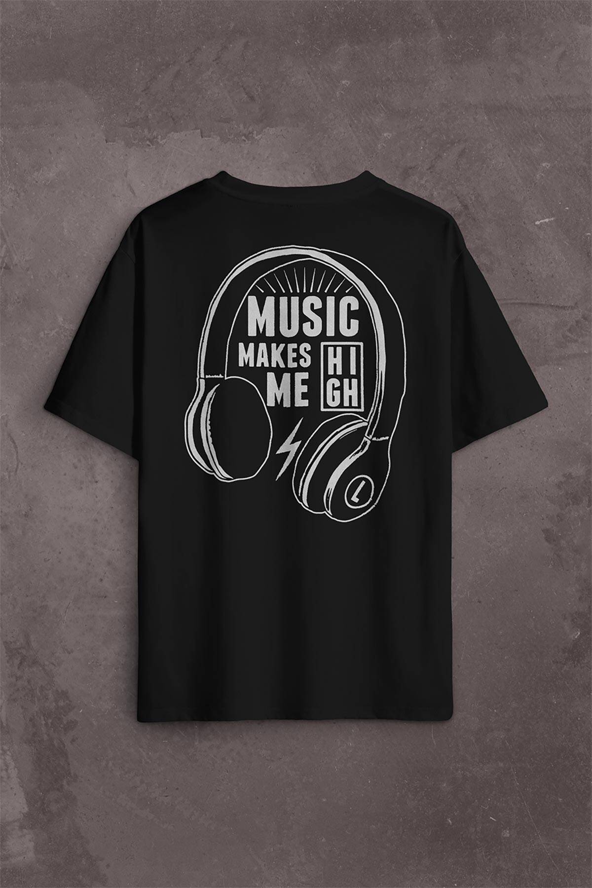 Lost Boyz Music Makes Me High Kulaklık Sırt Ön Baskılı Oversize Tişört Unisex T-Shirt - 1