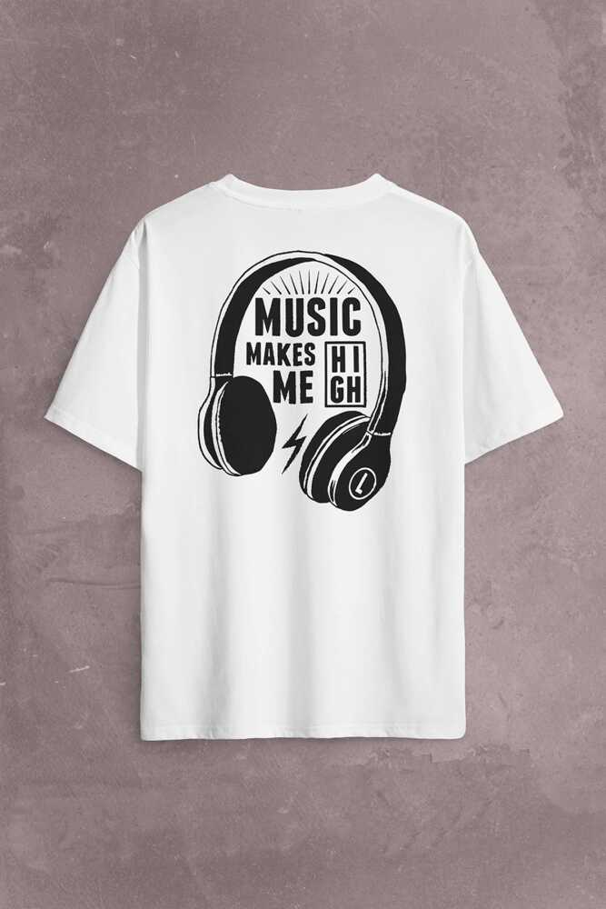Lost Boyz Music Makes Me High Kulaklık Sırt Ön Baskılı Oversize Tişört Unisex T-Shirt - 1