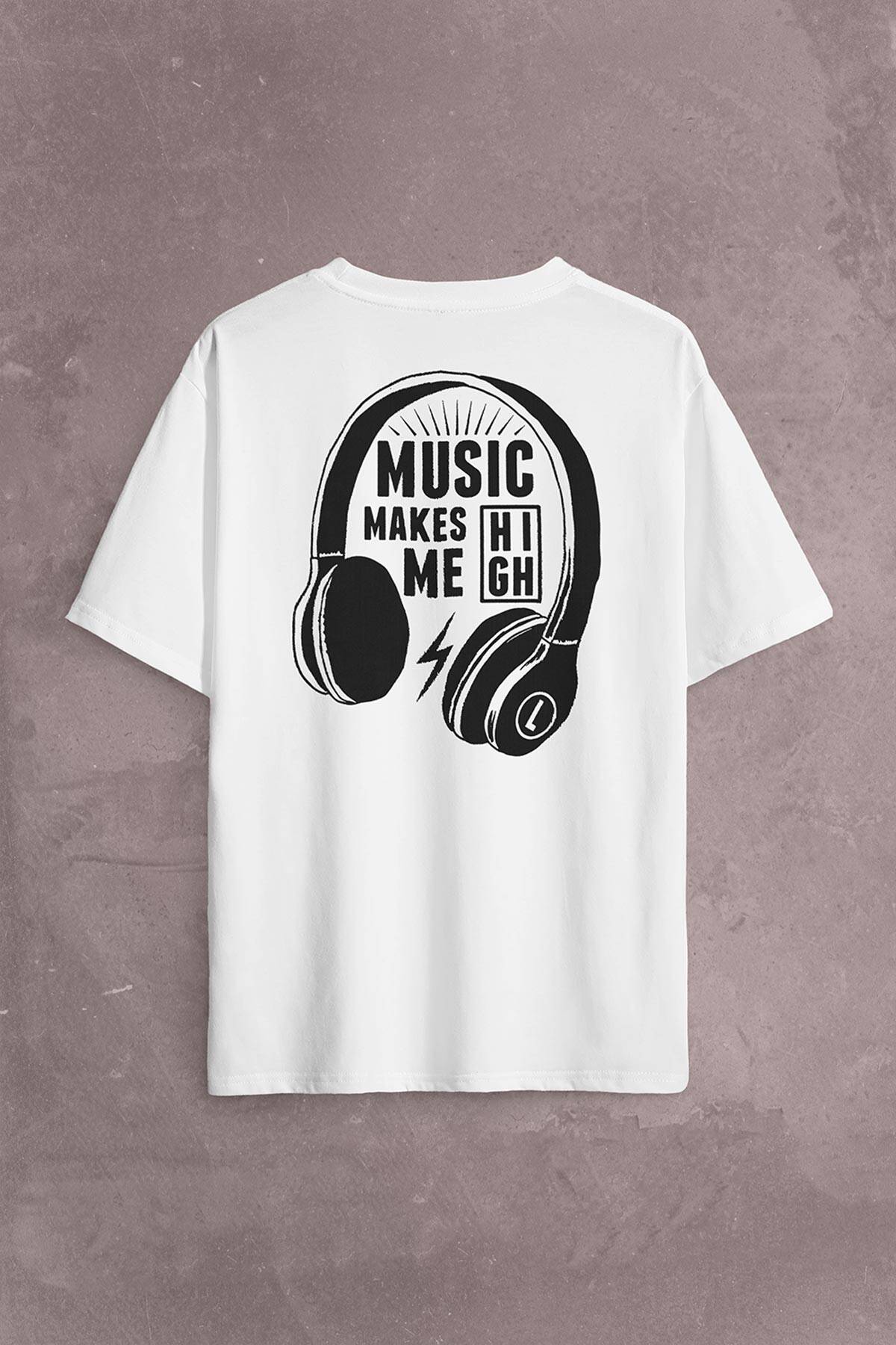 Lost Boyz Music Makes Me High Kulaklık Sırt Ön Baskılı Oversize Tişört Unisex T-Shirt - 1