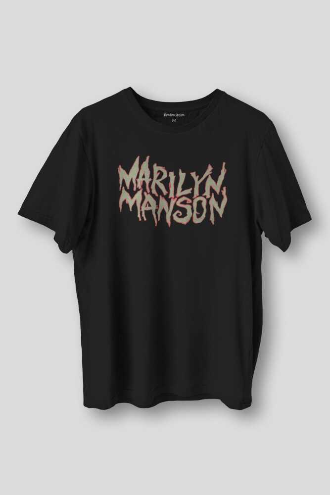 Marilyn Manson Logo Baskılı Tişört Metal Müzik Unisex Regular Fit Siyah T-shirt - 1