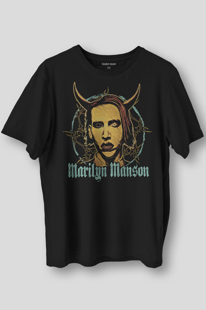 Marilyn Manson T-shirt Gothic Rock Metal Müzik Baskılı Unisex Regular Fit Siyah Tişört - 1