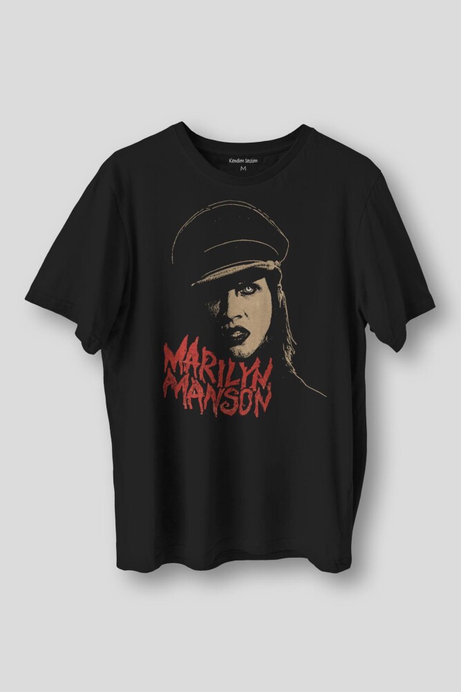 Marilyn Manson Tişört Rock Metal Müzik Baskılı Unisex Regular Fit Siyah T-shirt - 1
