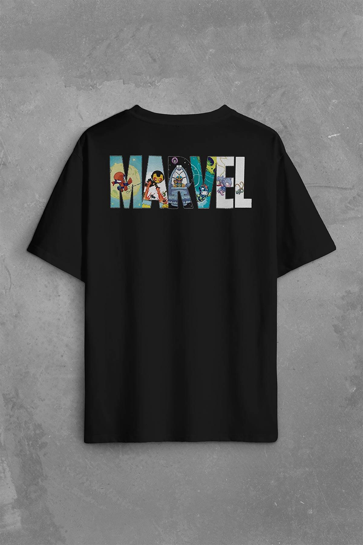 Marvel Spiderman Hulk Deadpool Iron Man Sırt Ön Baskılı Oversize Tişört Unisex T-Shirt OVR12S1887 - 1