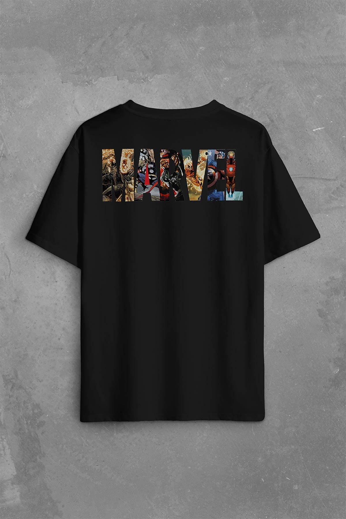 Marvel Spiderman Hulk Deadpool Iron Man Sırt Ön Baskılı Oversize Tişört Unisex T-Shirt OVR12S1888 - 1