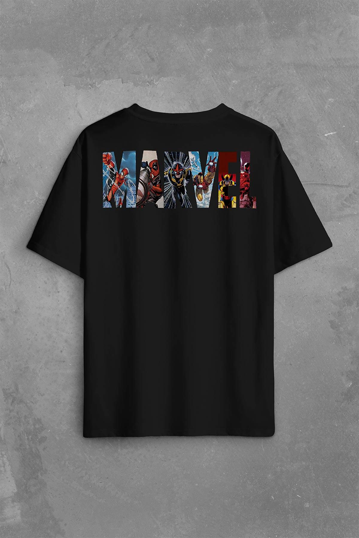 Marvel Spiderman Hulk Deadpool Iron Man Sırt Ön Baskılı Oversize Tişört Unisex T-Shirt OVR12S1889 - 1