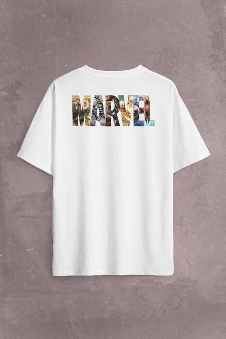 Marvel Spiderman Hulk Deadpool Iron Man Sırt Ön Baskılı Oversize Tişört Unisex T-Shirt OVR12B1888 - 1