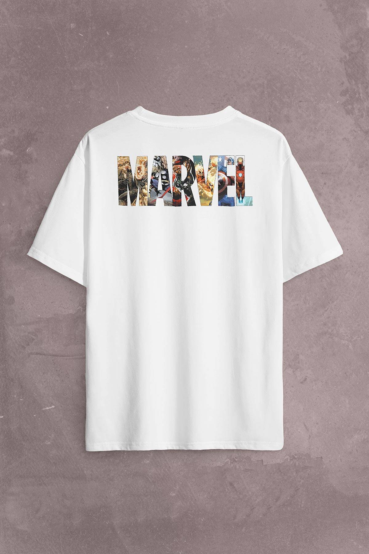 Marvel Spiderman Hulk Deadpool Iron Man Sırt Ön Baskılı Oversize Tişört Unisex T-Shirt OVR12B1888 - 1