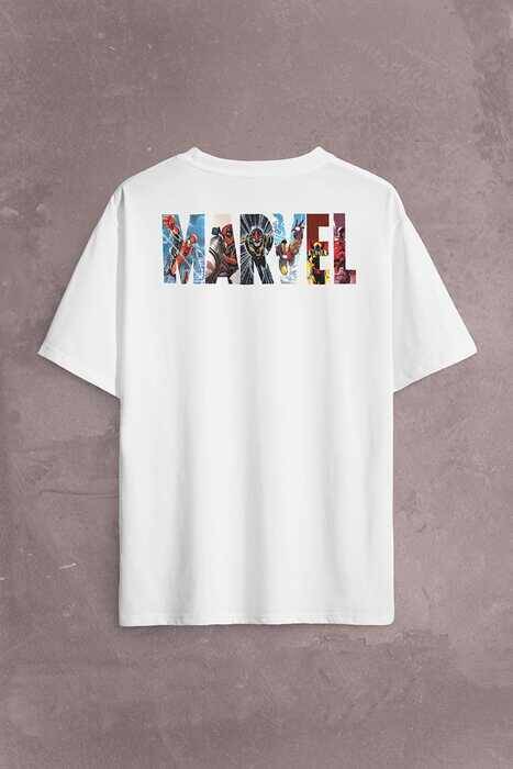 Marvel Spiderman Hulk Deadpool Iron Man Sırt Ön Baskılı Oversize Tişört Unisex T-Shirt OVR12B1889 - 1