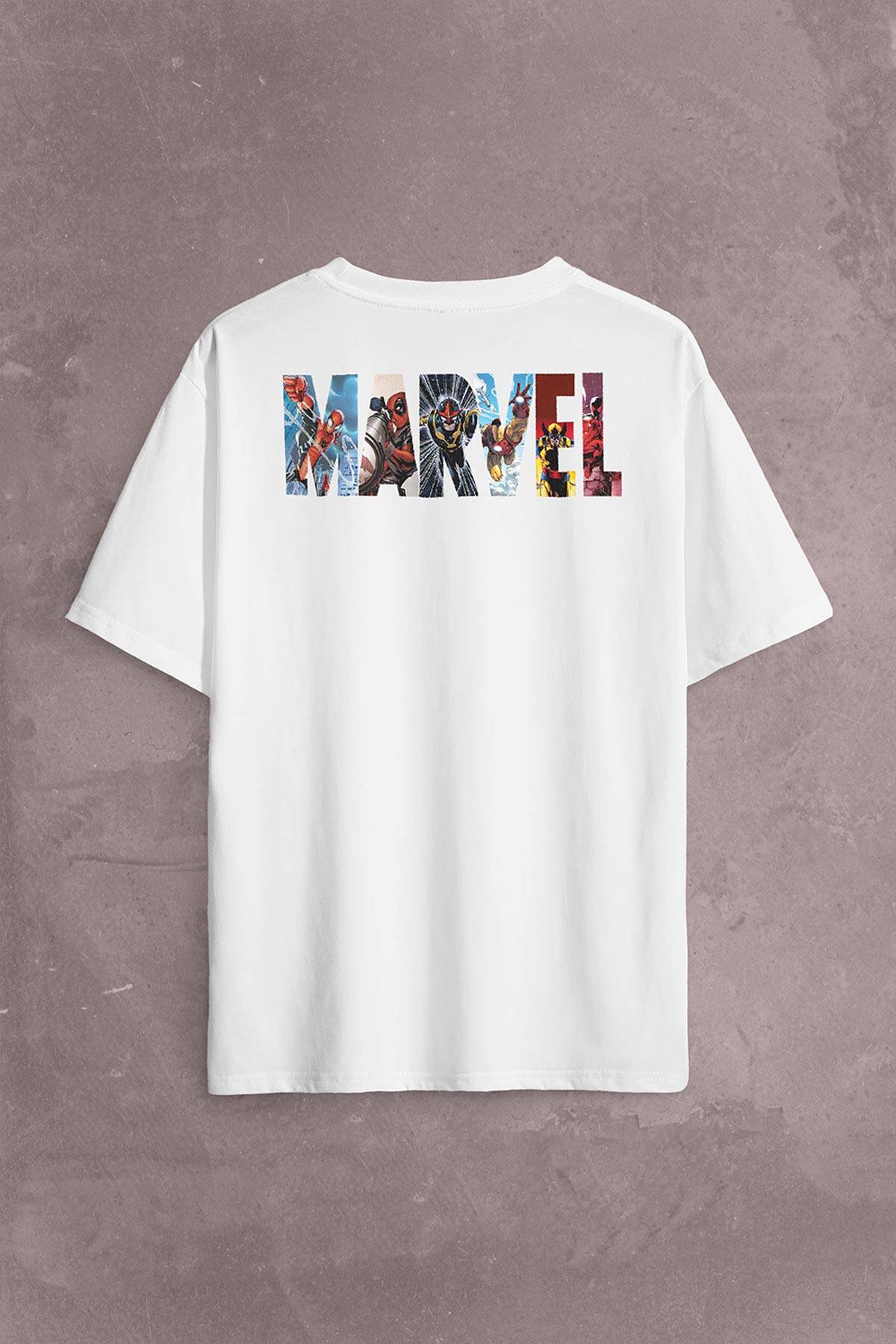 Marvel Spiderman Hulk Deadpool Iron Man Sırt Ön Baskılı Oversize Tişört Unisex T-Shirt OVR12B1889 - 1