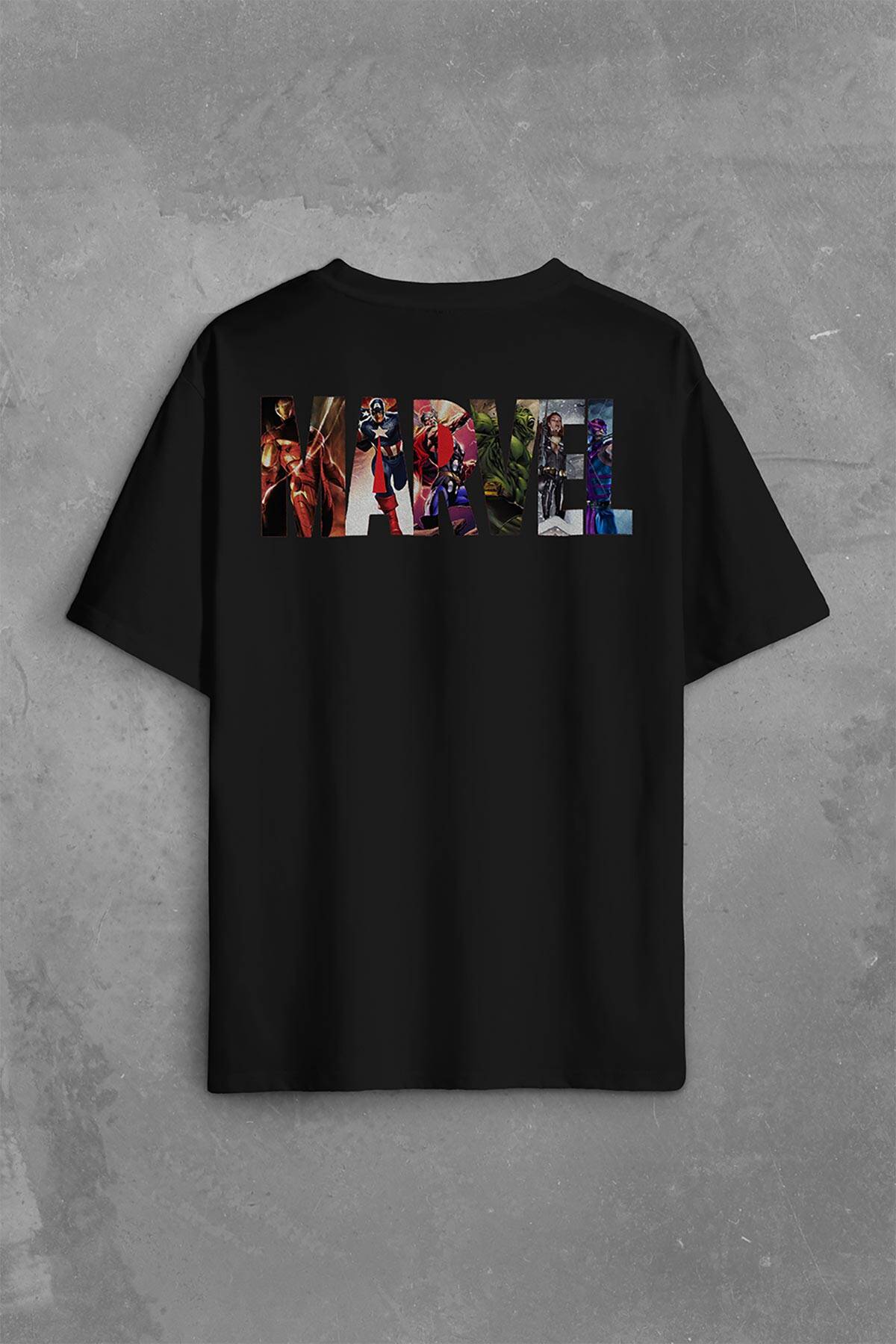 Marvel Spiderman Hulk Deadpool Iron Man Sırt Ön Baskılı Oversize Tişört Unisex T-Shirt OVR12S1886 - 1