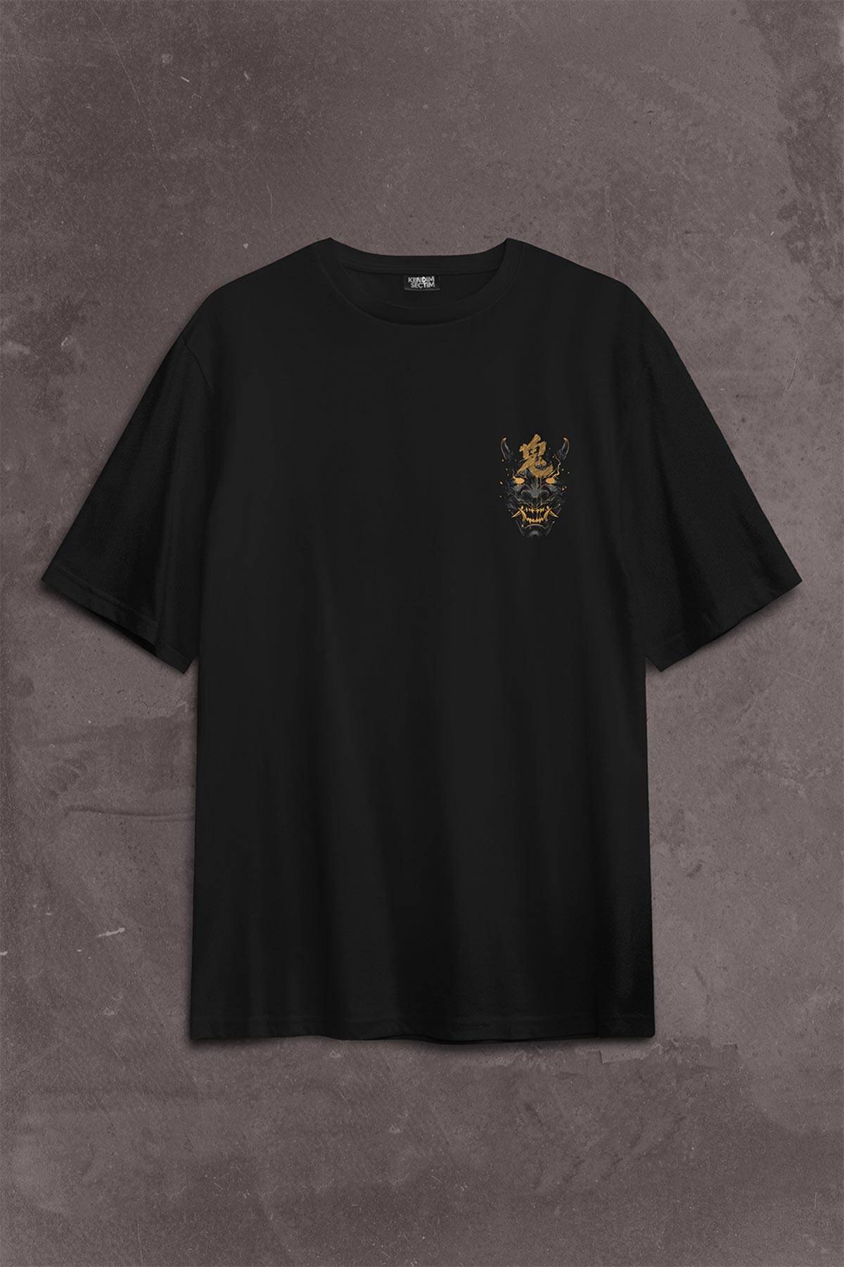 Mask Hannya Demon Maske Japonca Japanese Sırt Ön Baskılı Oversize Tişört Unisex T-Shirt - 2