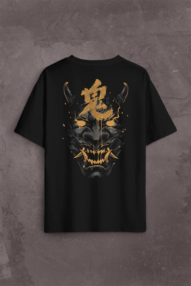 Mask Hannya Demon Maske Japonca Japanese Sırt Ön Baskılı Oversize Tişört Unisex T-Shirt - 1