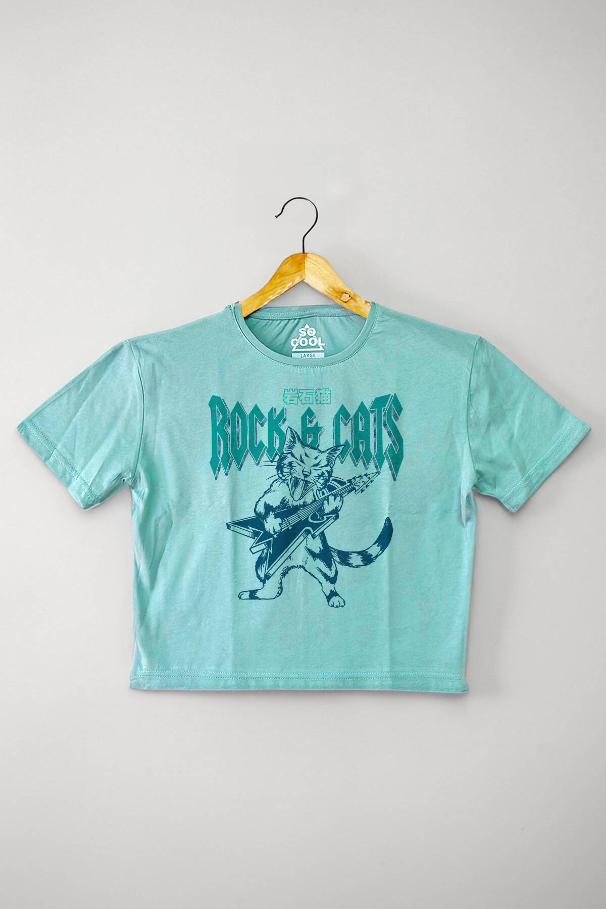Meowtallica Rock Cat Kedi Metallica Gitar Mint Kadın Tişört Baby Tee Yeşil Crop T-shirt