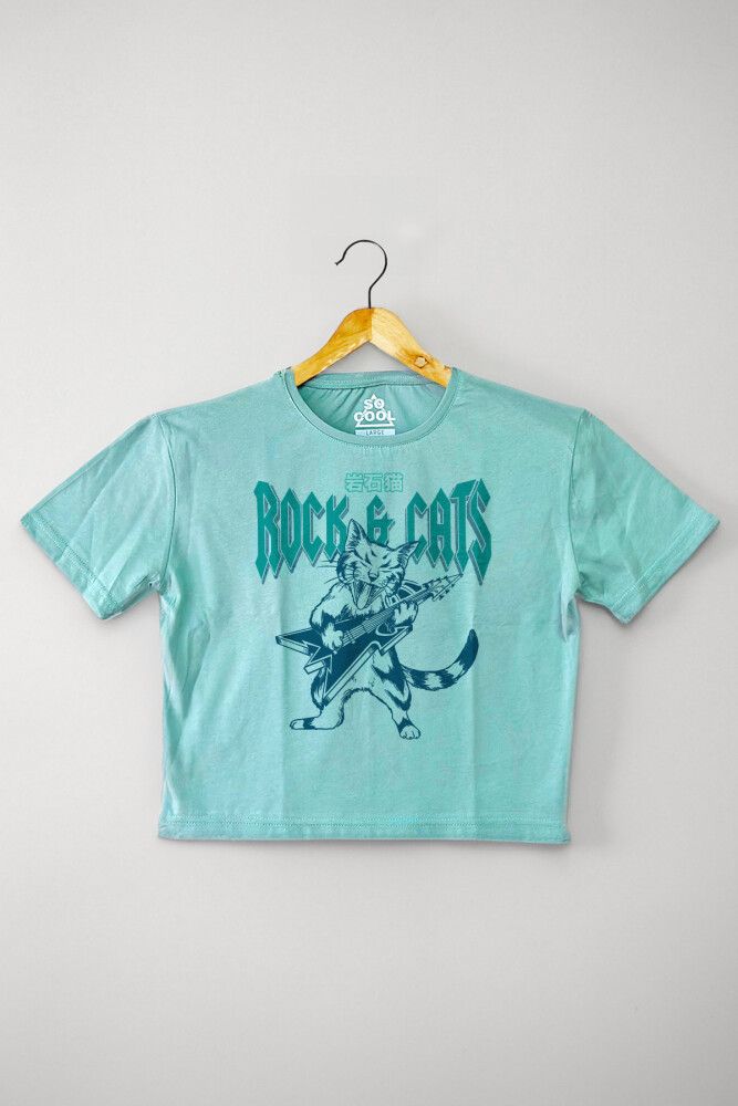 Meowtallica Rock Cat Kedi Metallica Gitar Mint Kadın Tişört Baby Tee Yeşil Crop T-shirt - 1