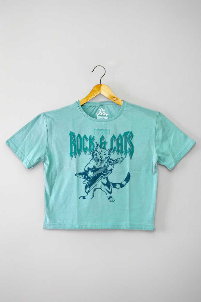 Meowtallica Rock Cat Kedi Metallica Gitar Mint Kadın Tişört Baby Tee Yeşil Crop T-shirt