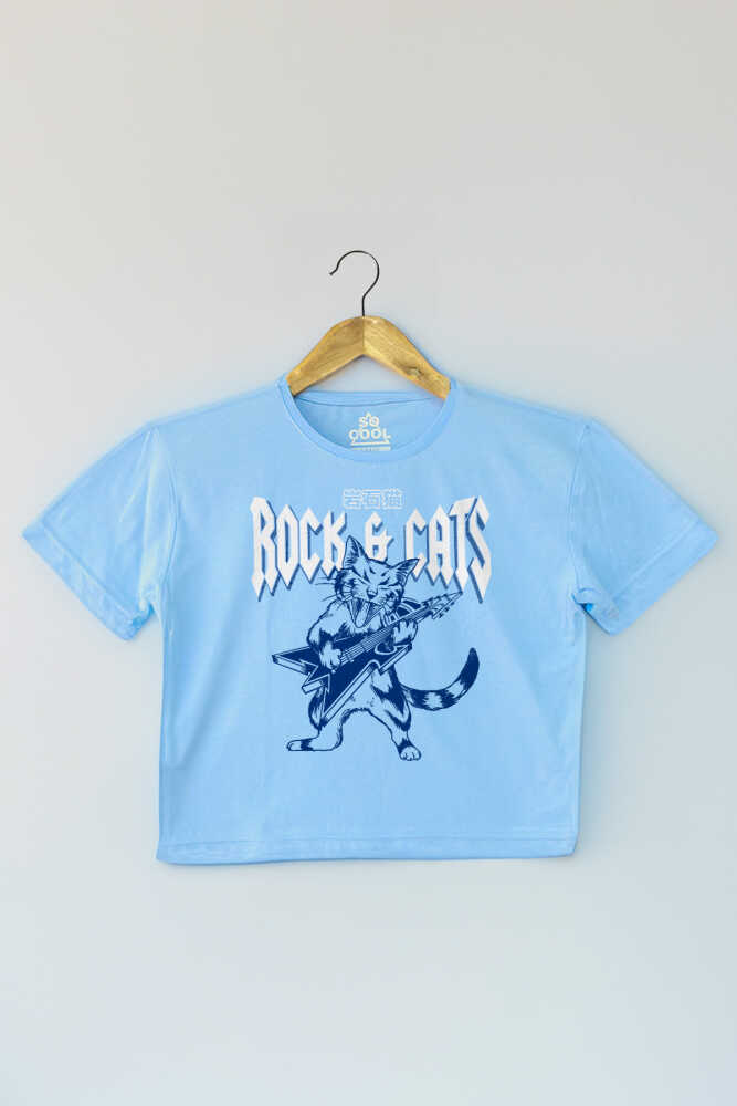 Meowtallica Rock Cat Metallica Gitar Kedi Light Blue Kadın Tişört Baby Tee Açık Mavi Crop T-shirt - 1