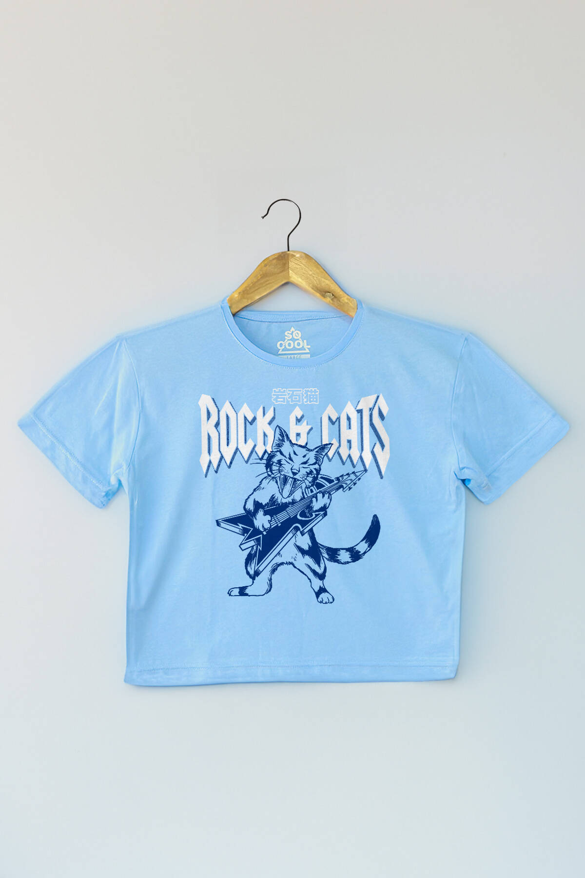 Meowtallica Rock Cat Metallica Gitar Kedi Light Blue Kadın Tişört Baby Tee Açık Mavi Crop T-shirt
